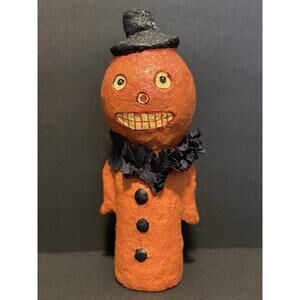 Creepy Smiling Paper Mache Pumpkin Guy/Jack O Latern w/Paper collar 11.5” Tall